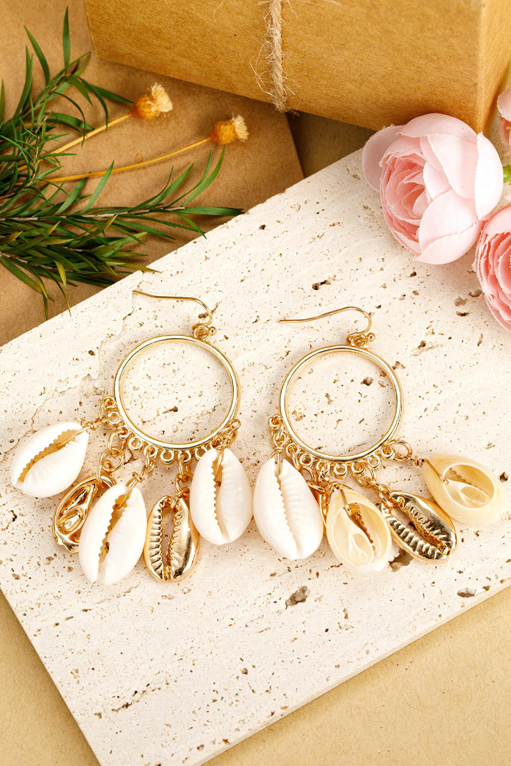 Gold Seashell Charm Hoop Dangle Earrings - loveforevers