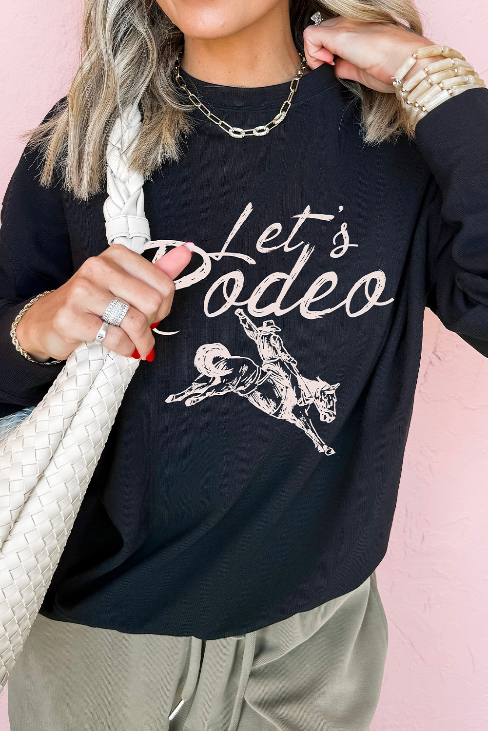Black Lets Rodeo Western Print Pullover Sweatshirt - loveforevers