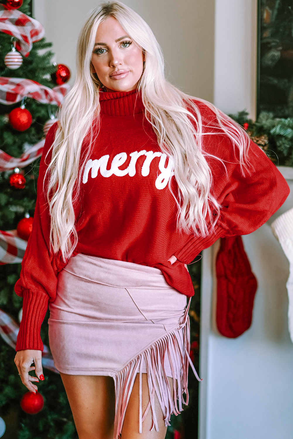 Fiery Red Merry Letter Embroidered High Neck Sweater - loveforevers