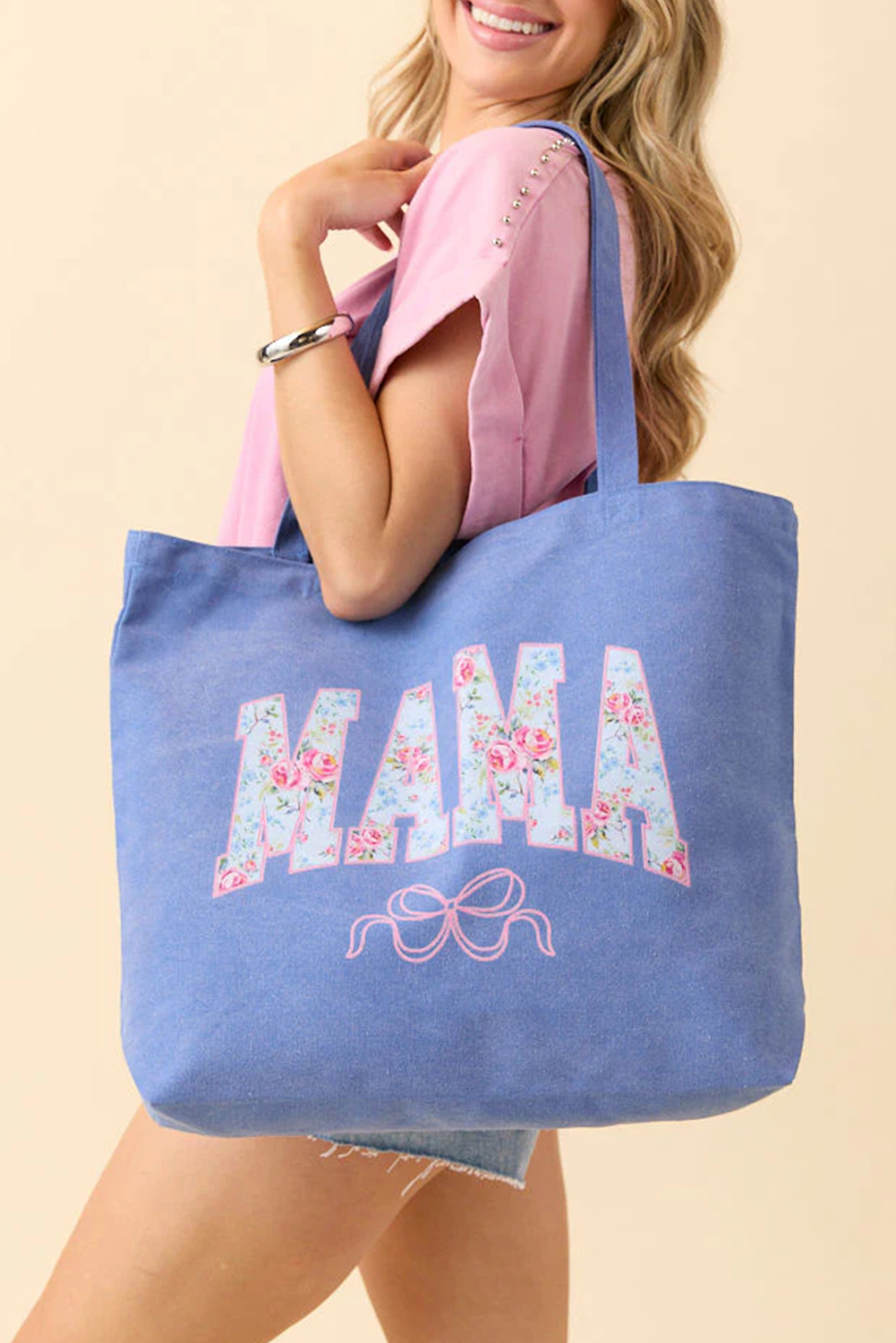 Blue Floral MAMA Letter Bow Print Canvas Tote Bag - loveforevers