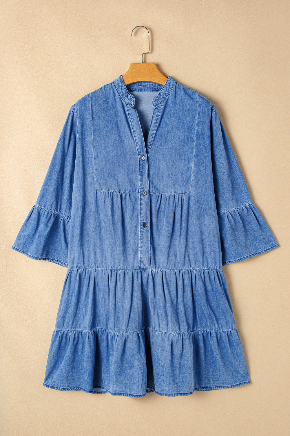 Sky Blue Chambray Ruffled 3/4 Sleeve Tiered Split V Neck Mini Dress - loveforevers