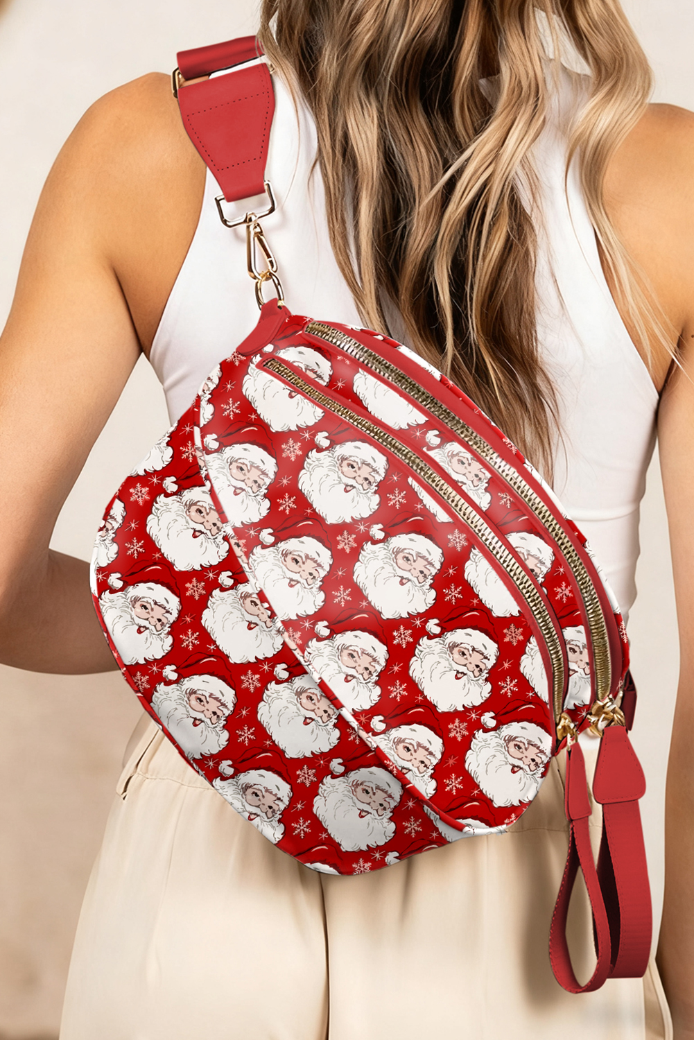 Fiery Red Christmas Theme Double Zip PU Leather Crossbody Bag - loveforevers