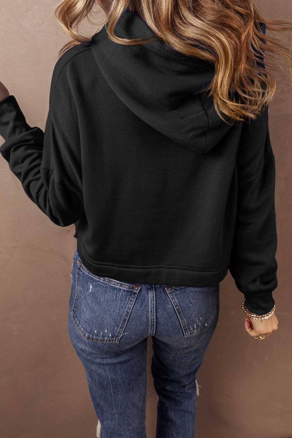 Black Solid Drop Shoulder Drawstring Cropped Hoodie - loveforevers