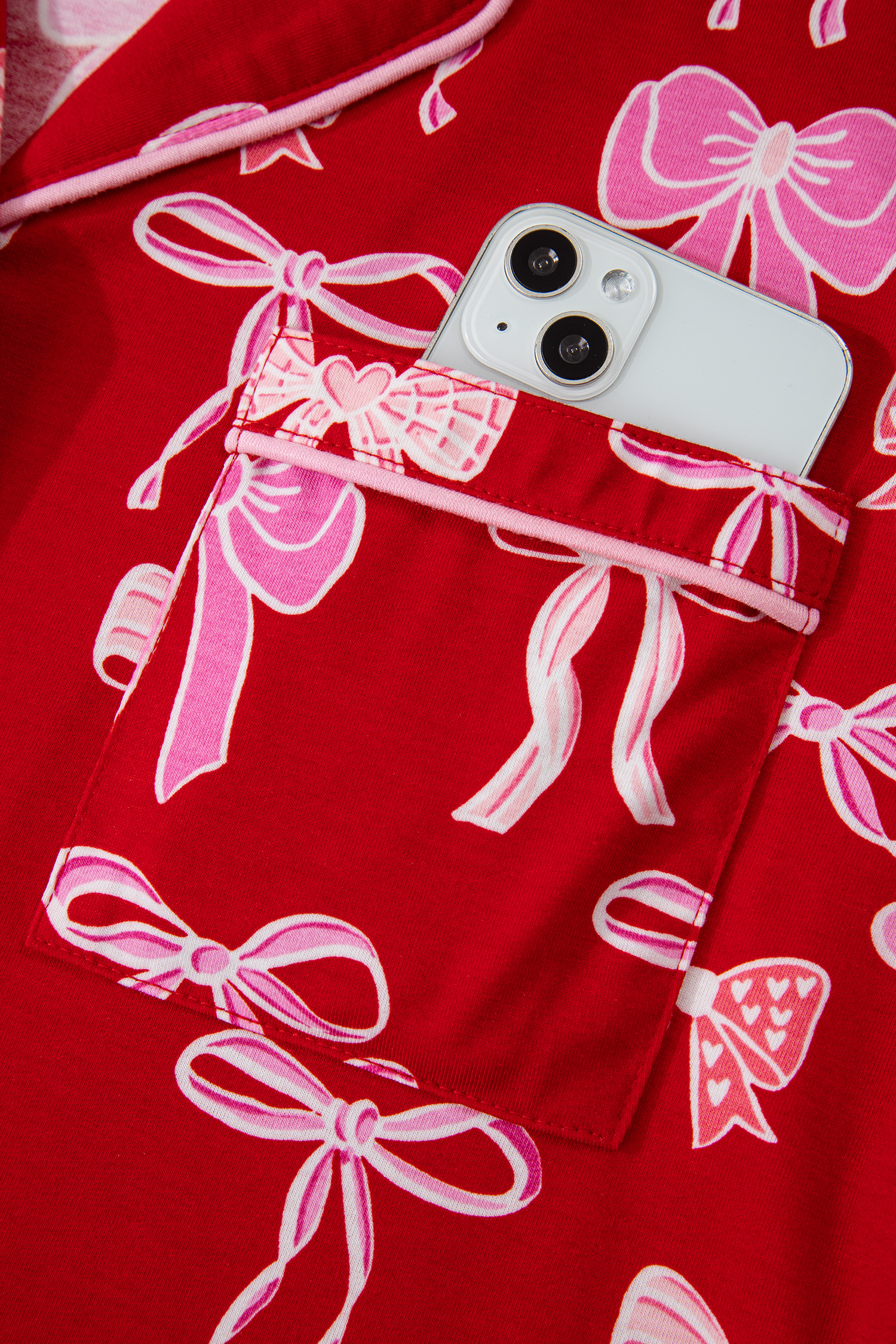 Red Sweet Bow Print Shirt Style Top Long 2pcs Pajama Set - loveforevers