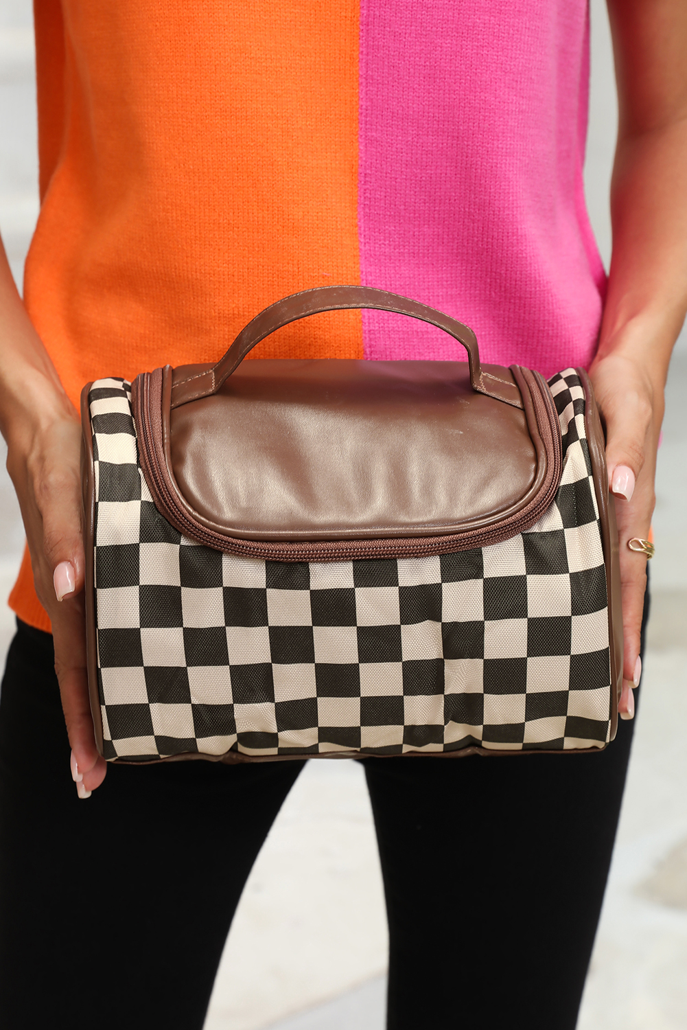 Black Checkered PU Leather Zipper Makeup Bag - loveforevers