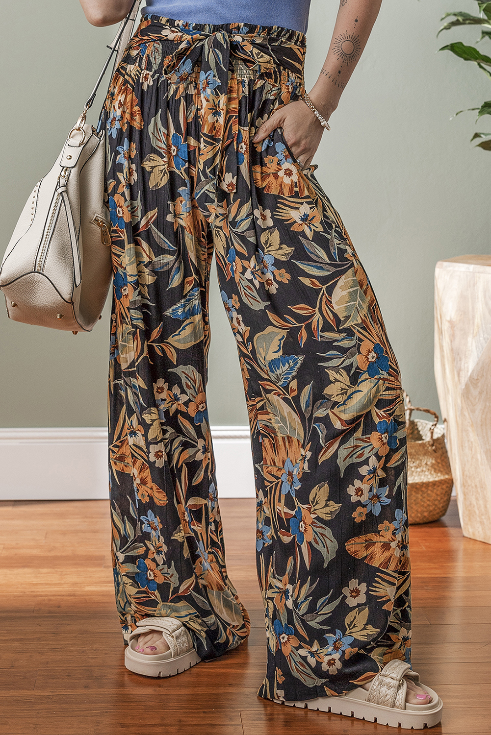 Multicolour Floral Shirred High Waist Wide Leg Pants with Tie - loveforevers
