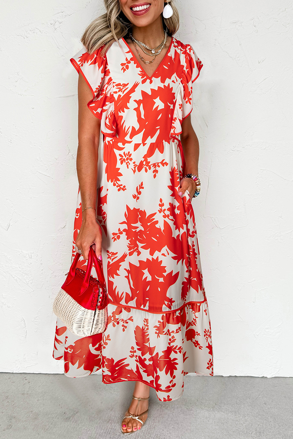 Red Floral Print Trimmed V Neck Ruffle Sleeve Long Dress - loveforevers