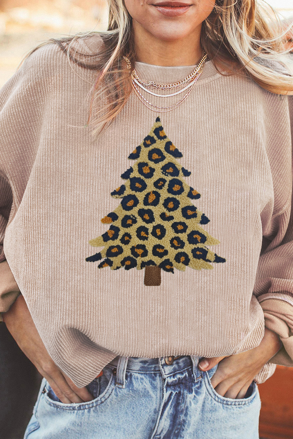 Apricot Leopard Christmas Tree Graphic Corded Sweatshirt - loveforevers