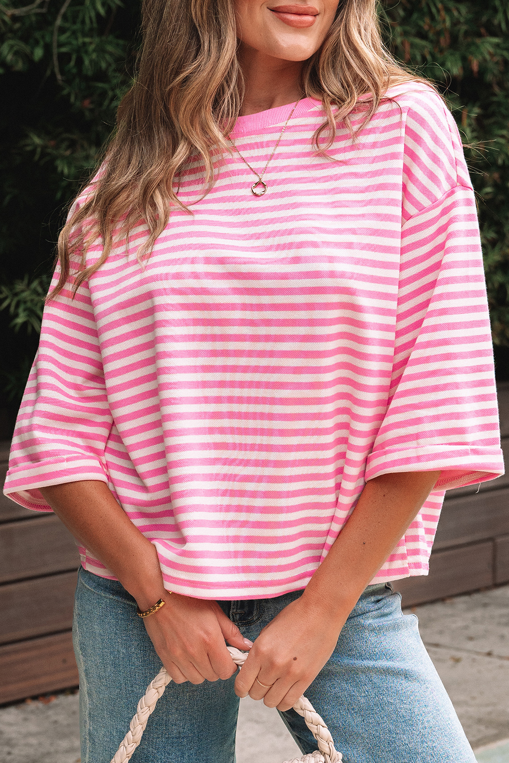 Red Stripe Bowknot Cutout Back Drop Shoulder Wide Bracelet Sleeve Loose Tee - loveforevers
