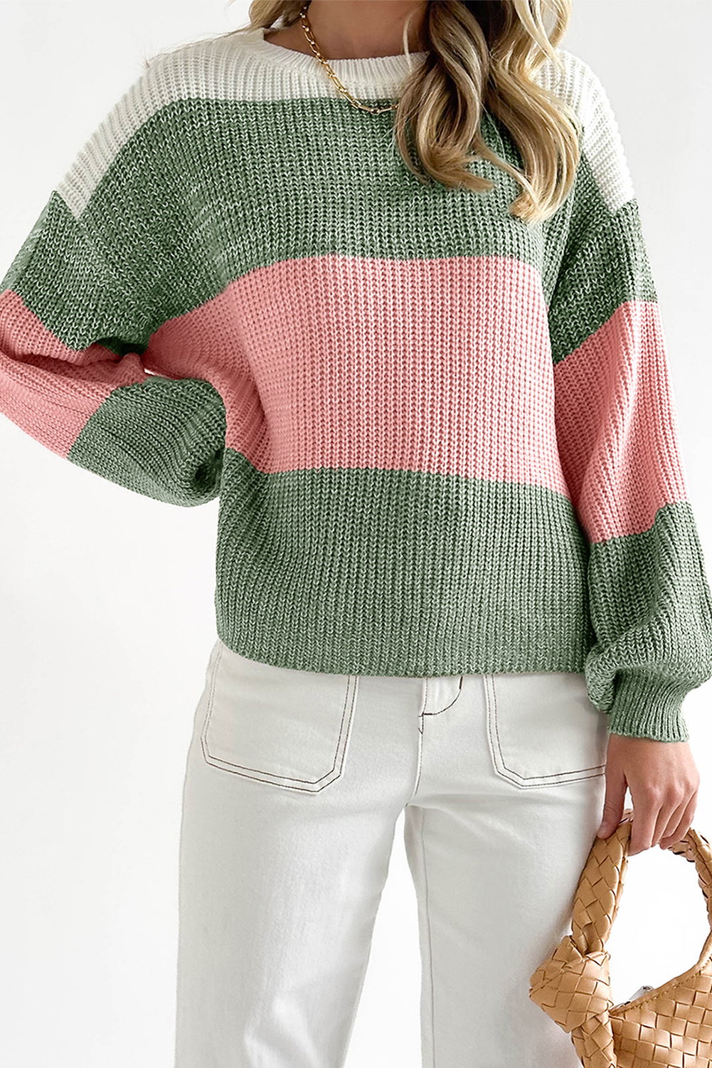 Green Colorblock Drop Shoulder Pullover Loose Sweater - loveforevers