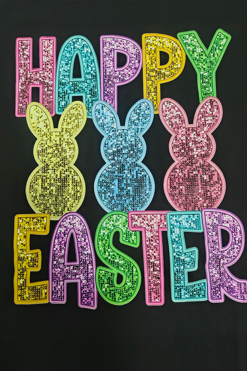 Black Glittering Bunny HAPPY EASTER Graphic T Shirt - loveforevers