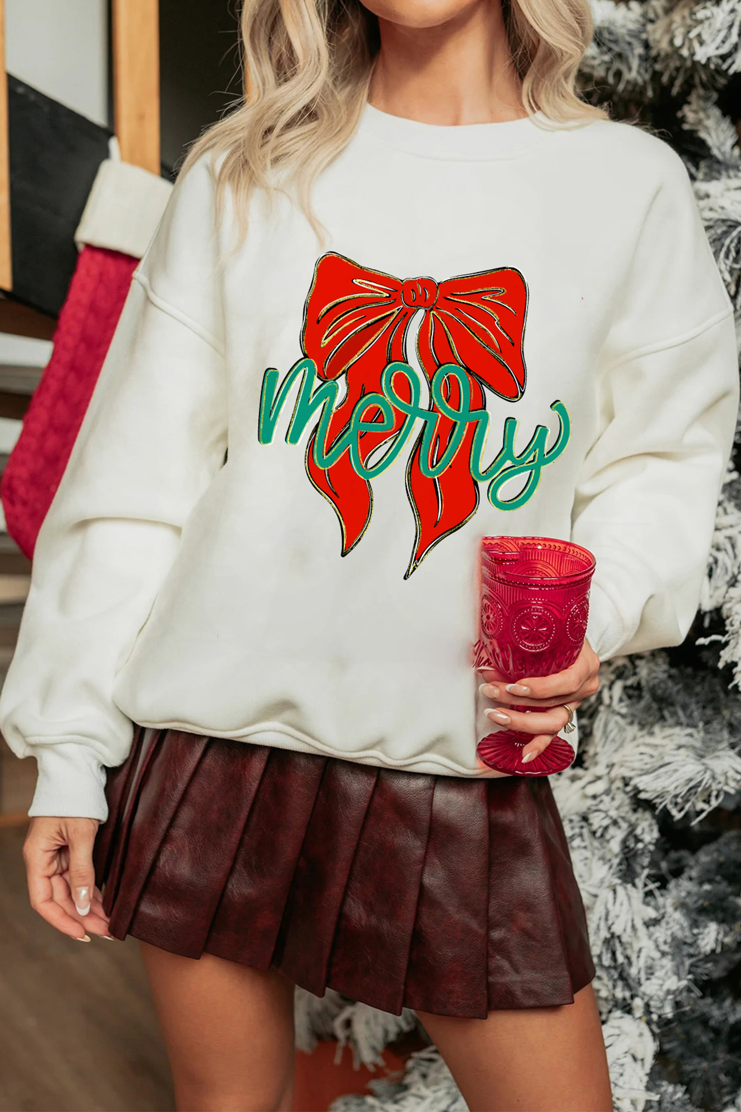 White merry Festive Bow Print Drop Shoulder Loose Pullover Sweatshirt - loveforevers