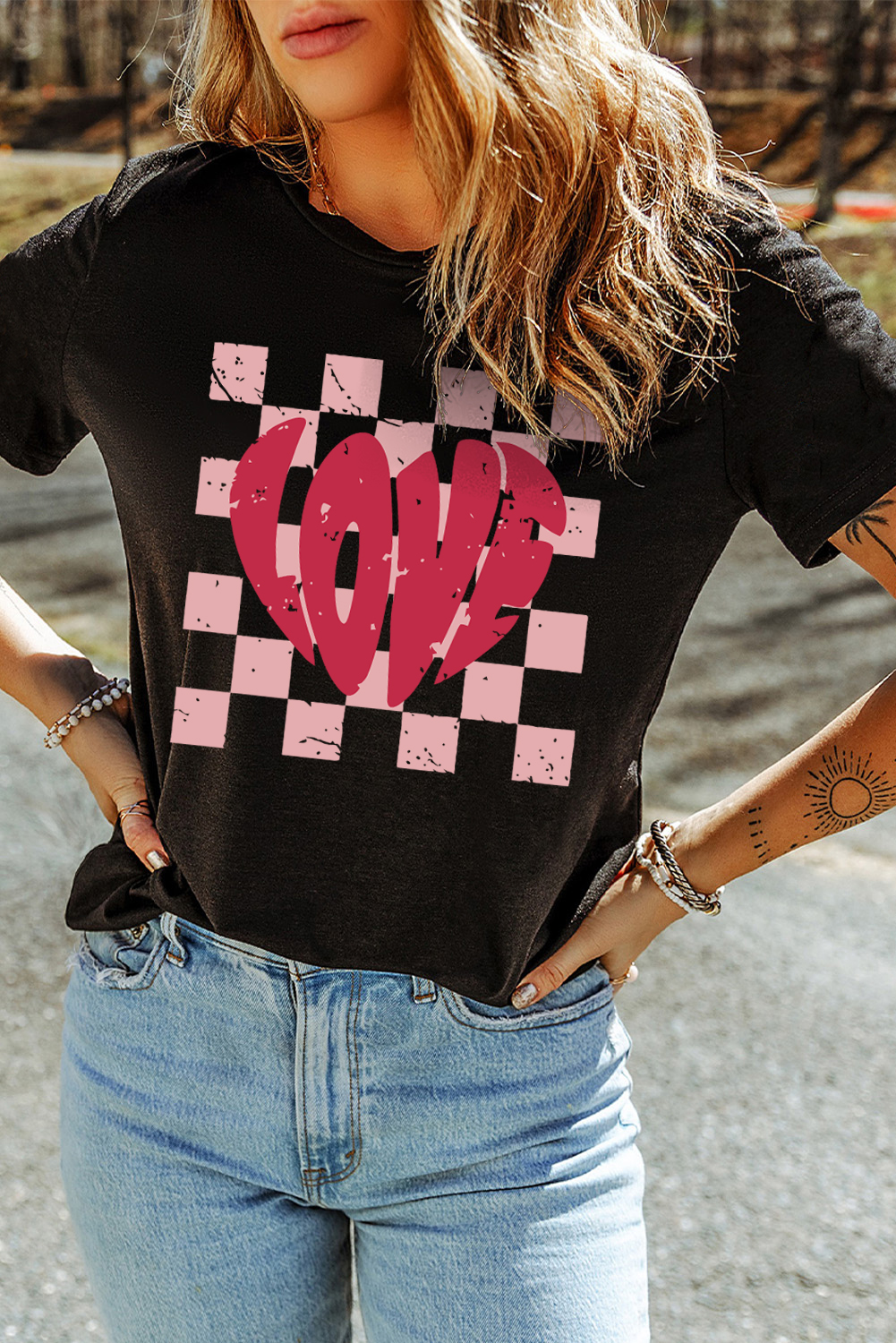 Black LOVE Checkered Graphic Valentine Tee - loveforevers