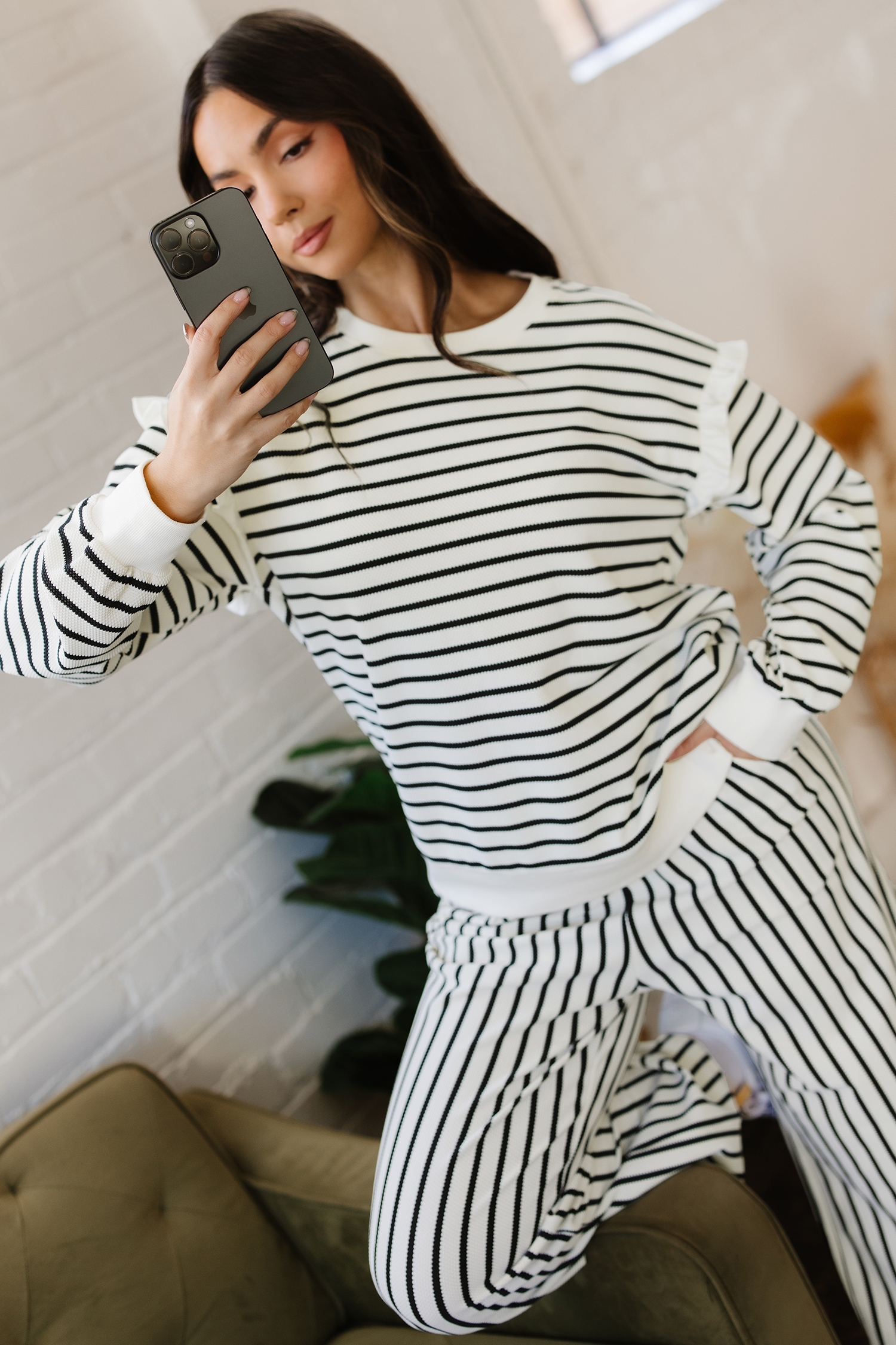 White Stripe Ruffle Trim Drop Shoulder Top Drawstring Loose Pant Set - loveforevers