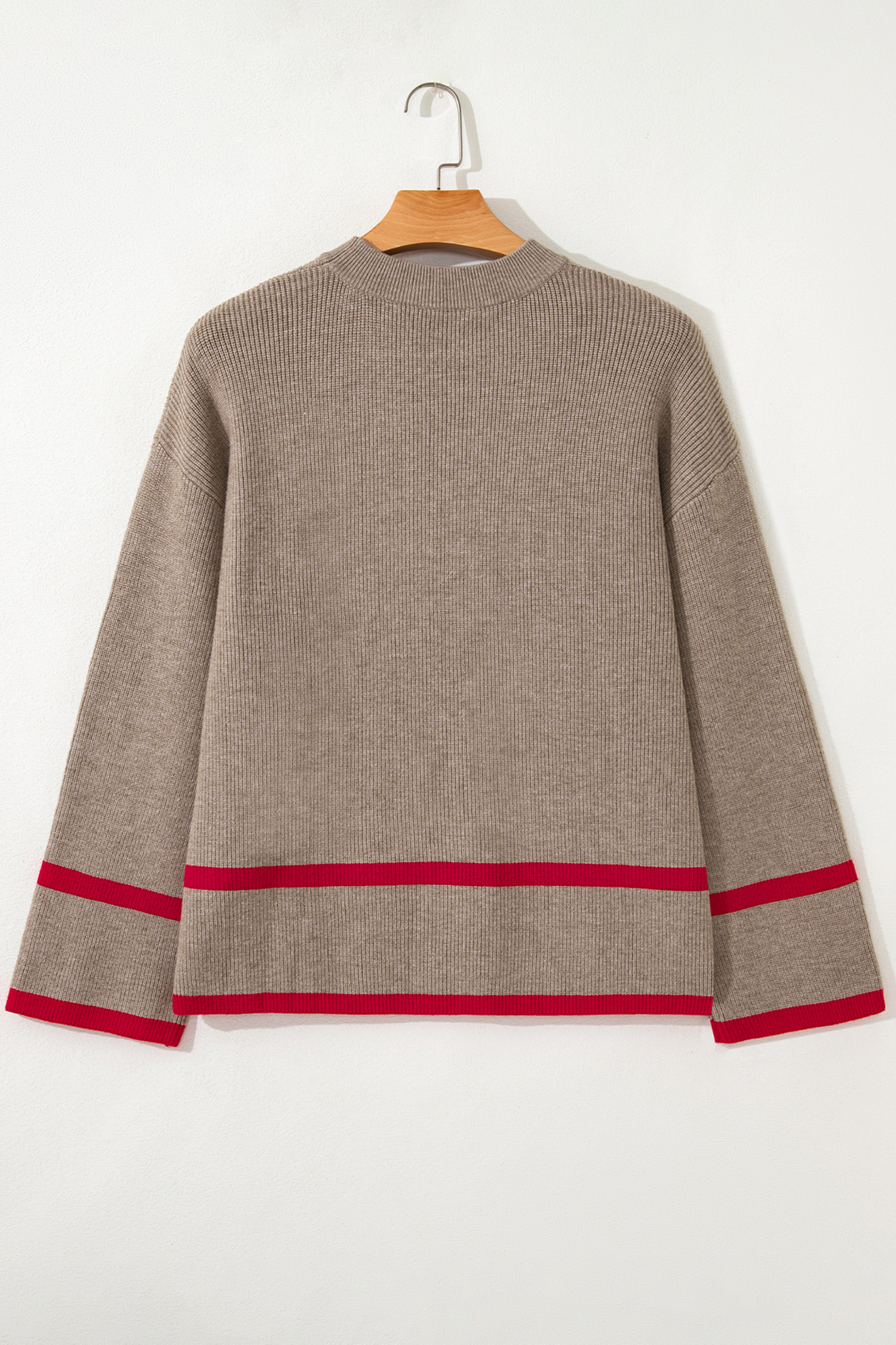 Simply Taupe Ribbed Knit Contrasted Stripe Detail Button Side Loose Sweater - loveforevers