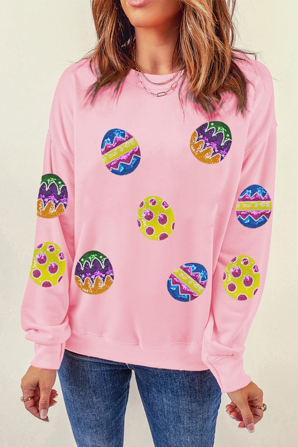 Pink Easter Egg Patched Graphic Drop Shoulder Pullover Sweatshirt - loveforevers