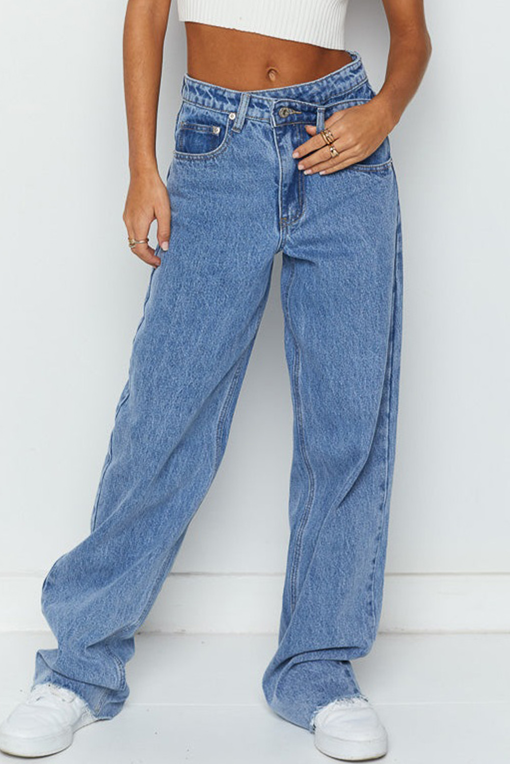 Blue Mid Rise Asymmetrical Waist Wide Leg Jeans - loveforevers