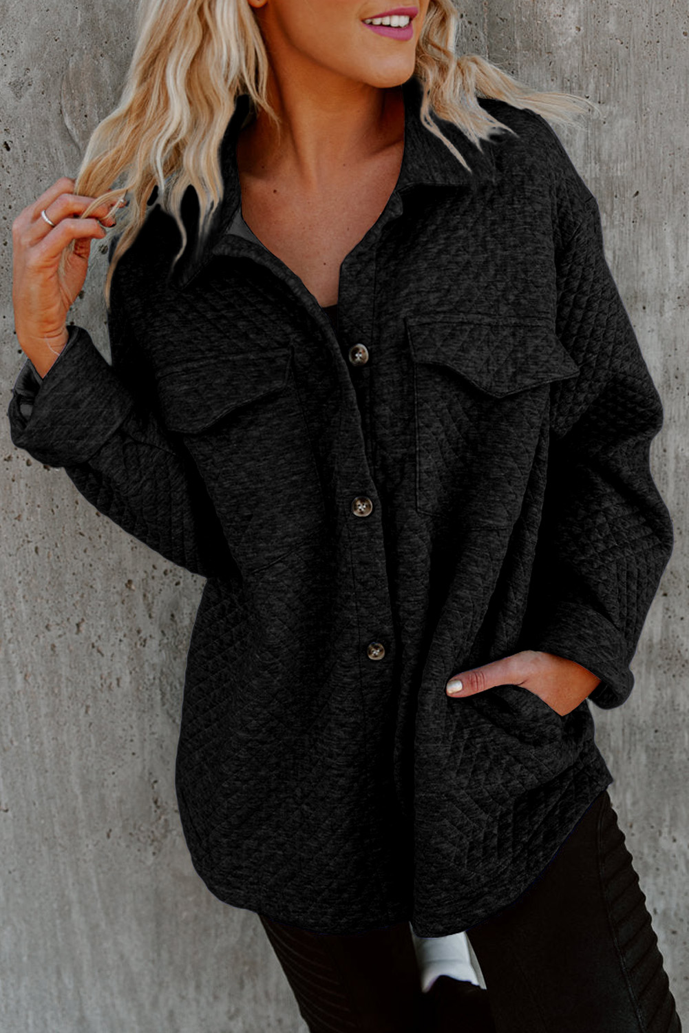 Gray Retro Quilted Flap Pocket Button Shacket - loveforevers