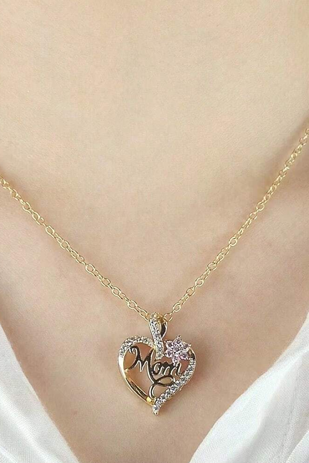Gold Mom Rhinestone Flower Hollow-out Heart Necklace - loveforevers