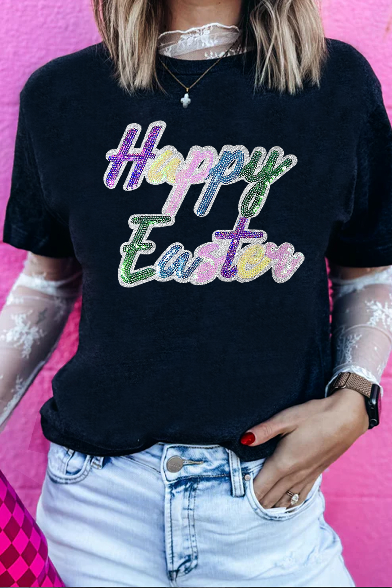 Black Sequined Happy Easter Graphic Tee - loveforevers
