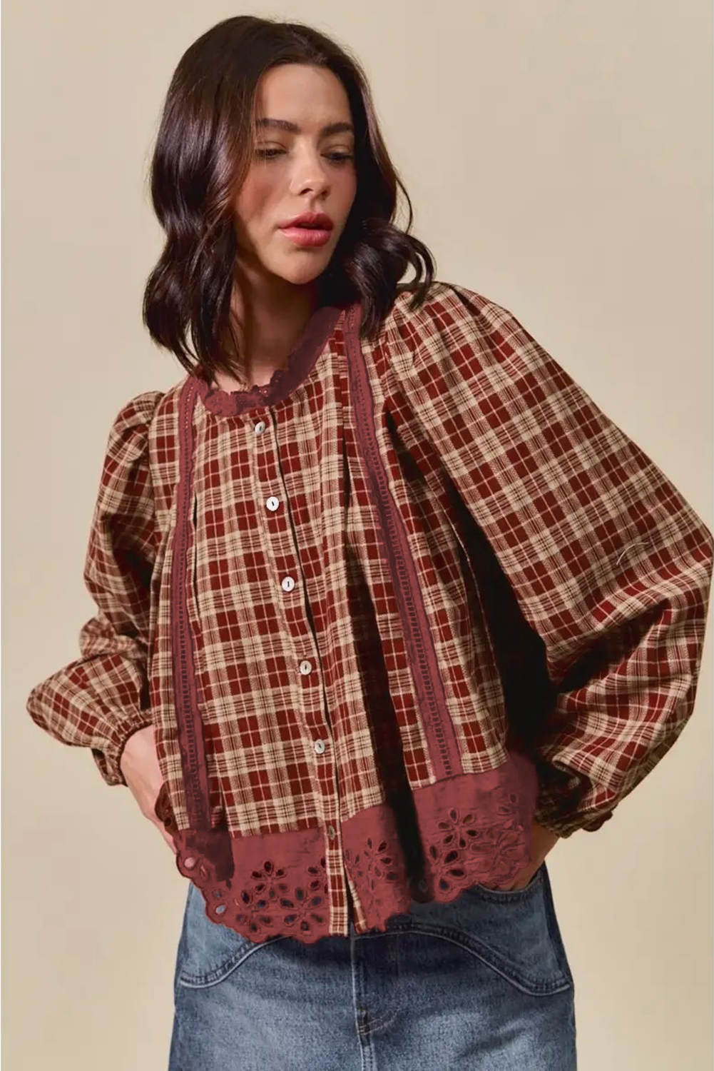 Red Dahlia Plaid Eyelet Lace Trim Button Down Loose Long Sleeve Shirt - loveforevers