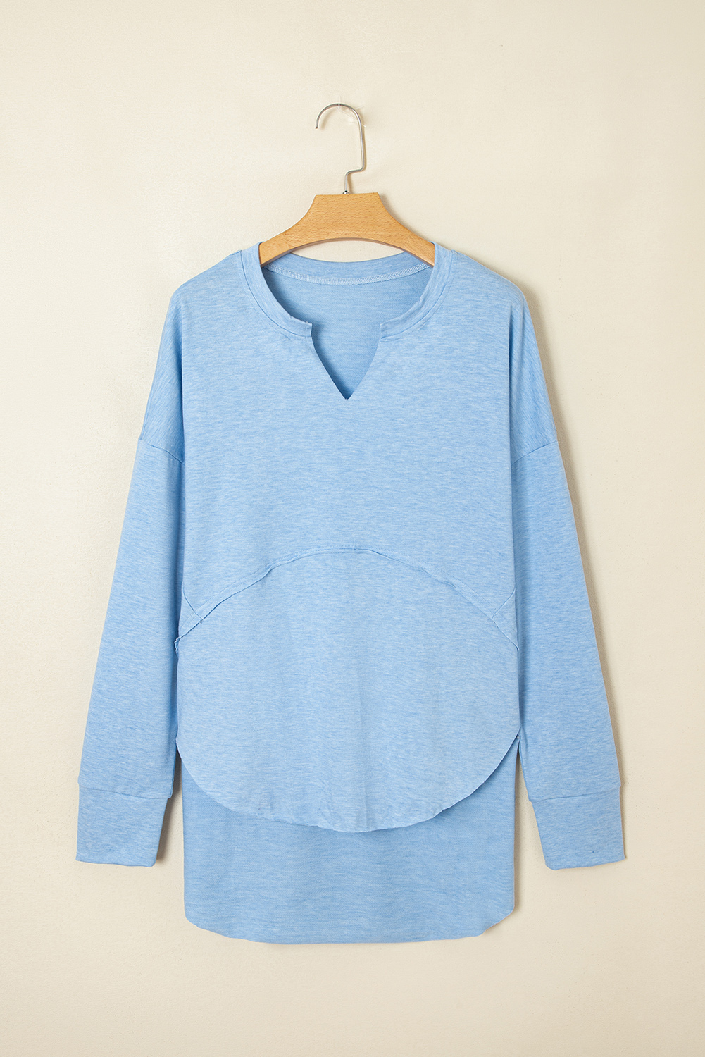 Myosotis Notched Neck Terry Raw Hem Long Sleeve Top - loveforevers