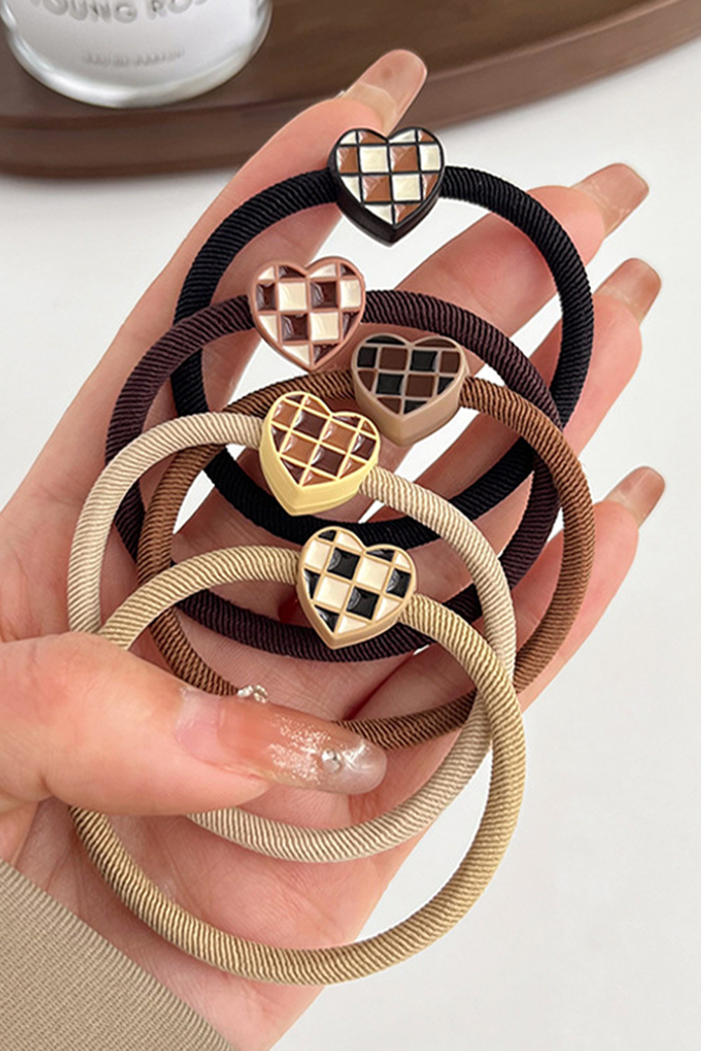Camel 5pcs/set Checkered Heart Decor High Elastic Hair Tie - loveforevers