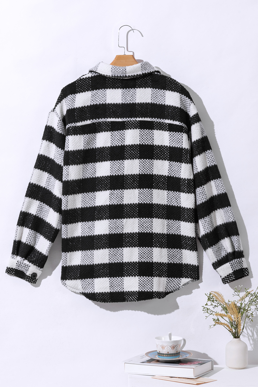 Black Plaid Textured Flap Pocket Shacket - loveforevers