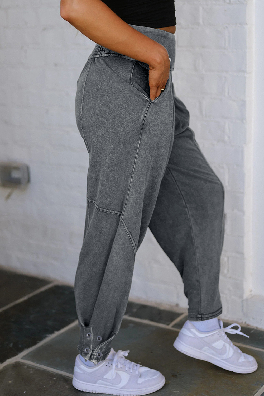 Medium Grey Mineral Wash Jogger Style High Waist Casual Pants - loveforevers