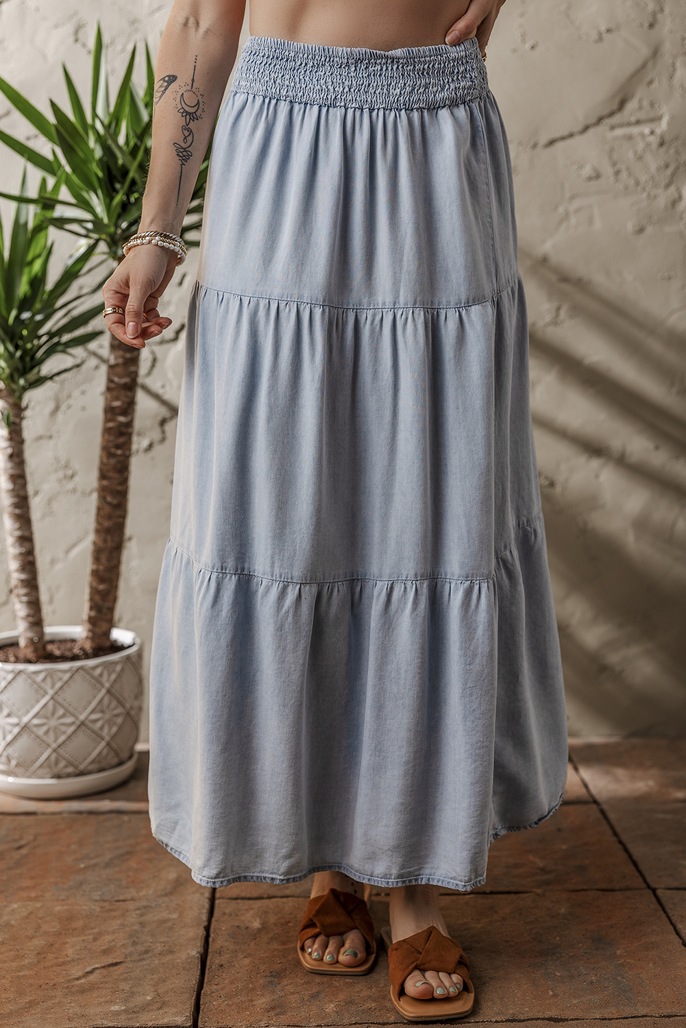 Beau Blue Tiered Smocked High Waist Denim Maxi Skirt - loveforevers