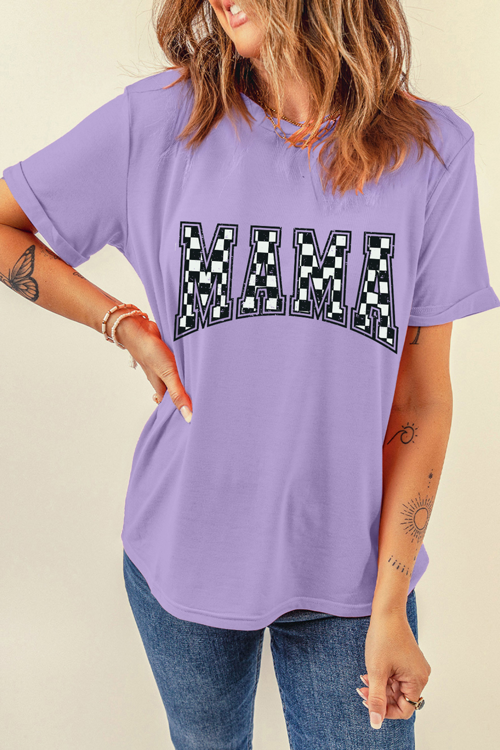 Wisteria Checkerboard MAMA Graphic Crewneck Tee - loveforevers