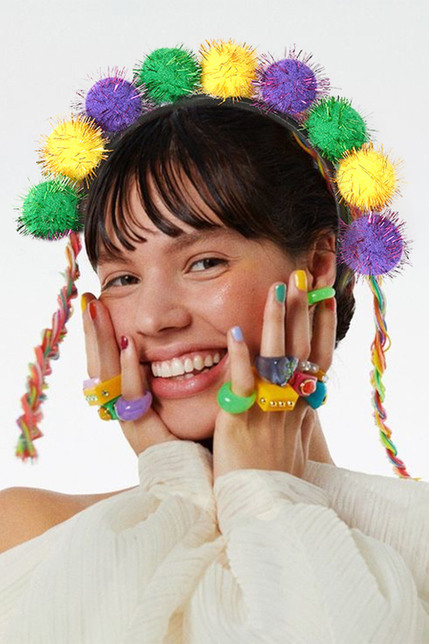 Tillandsia Purple Tinsel Pompom Mardi Gras Plastic Headband - loveforevers