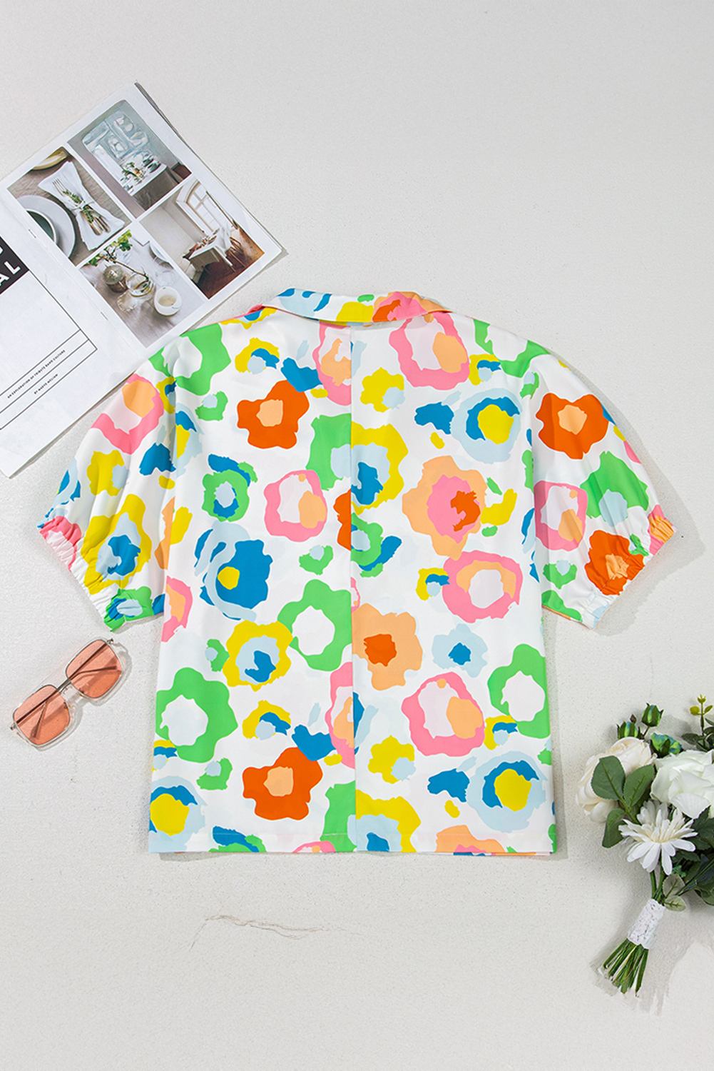 Green Chic Leopard Print Striped Detail Split Neck Blouse - loveforevers