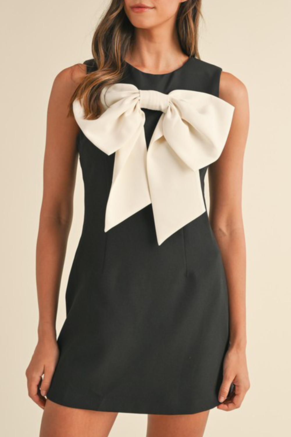 Black Contrast Bowknot Applique Crew Neck Sleeveless Mini Dress - loveforevers