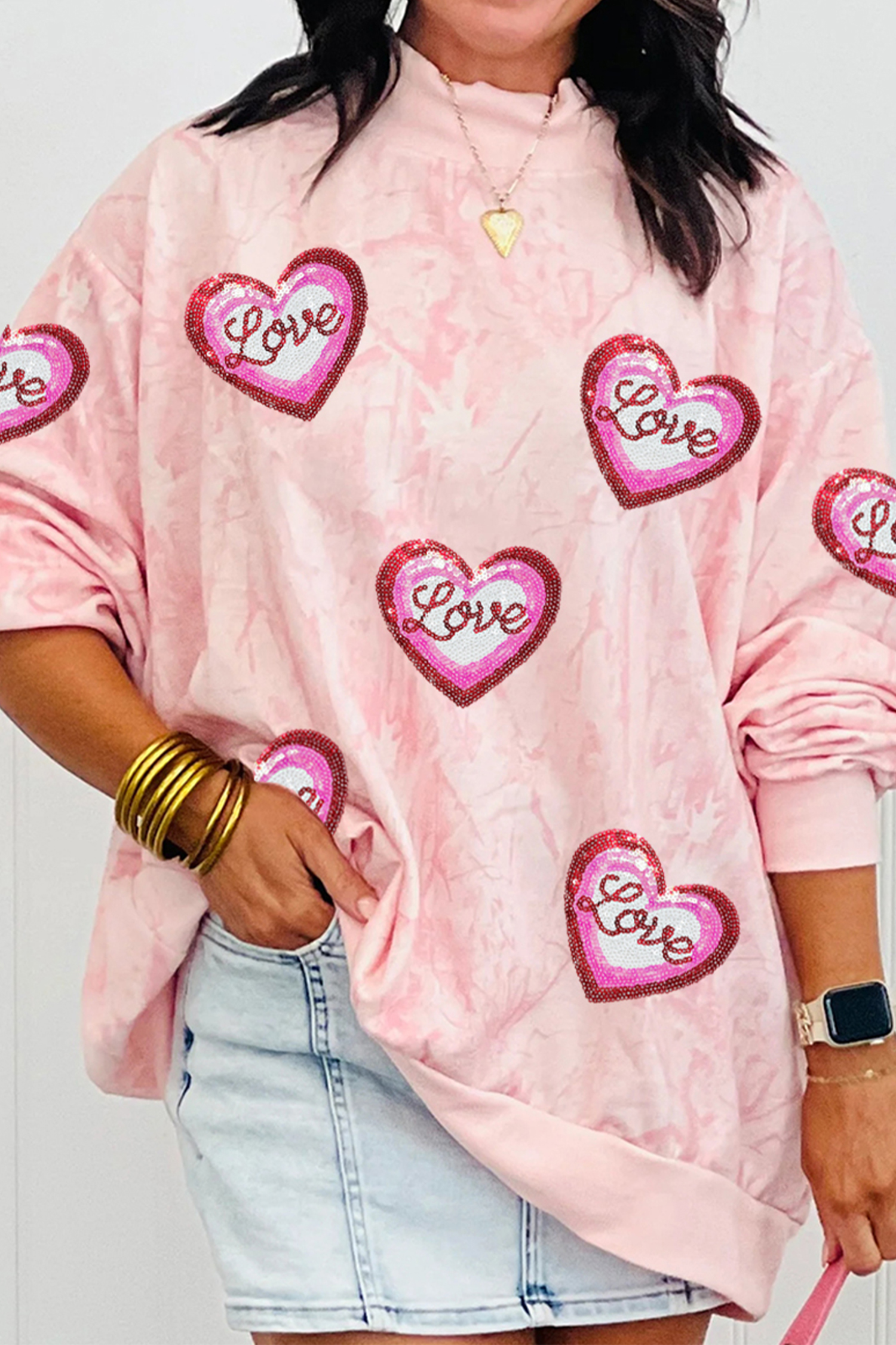 Pink Tie Dye Camo Sequin Love Heart Patched Mock Neck Sweatshirt - loveforevers