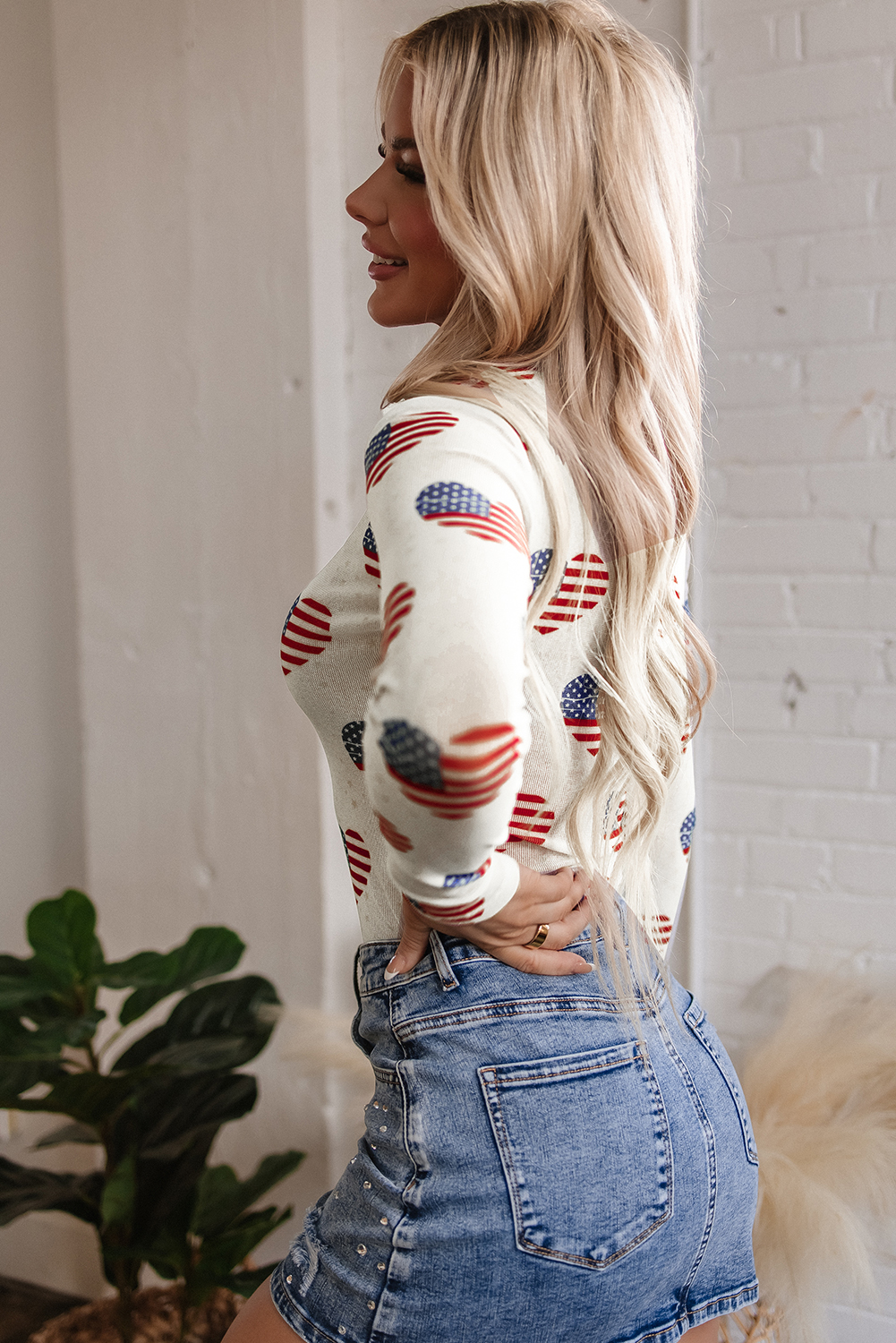 White Americana Glitter Mesh Long Sleeve Bodysuit - loveforevers