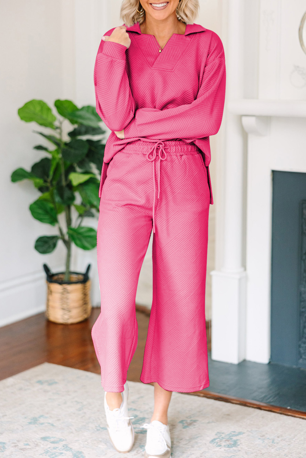 Sail Blue Solid Textured Collared V Neck Top and Wide Leg Pants Set - loveforevers