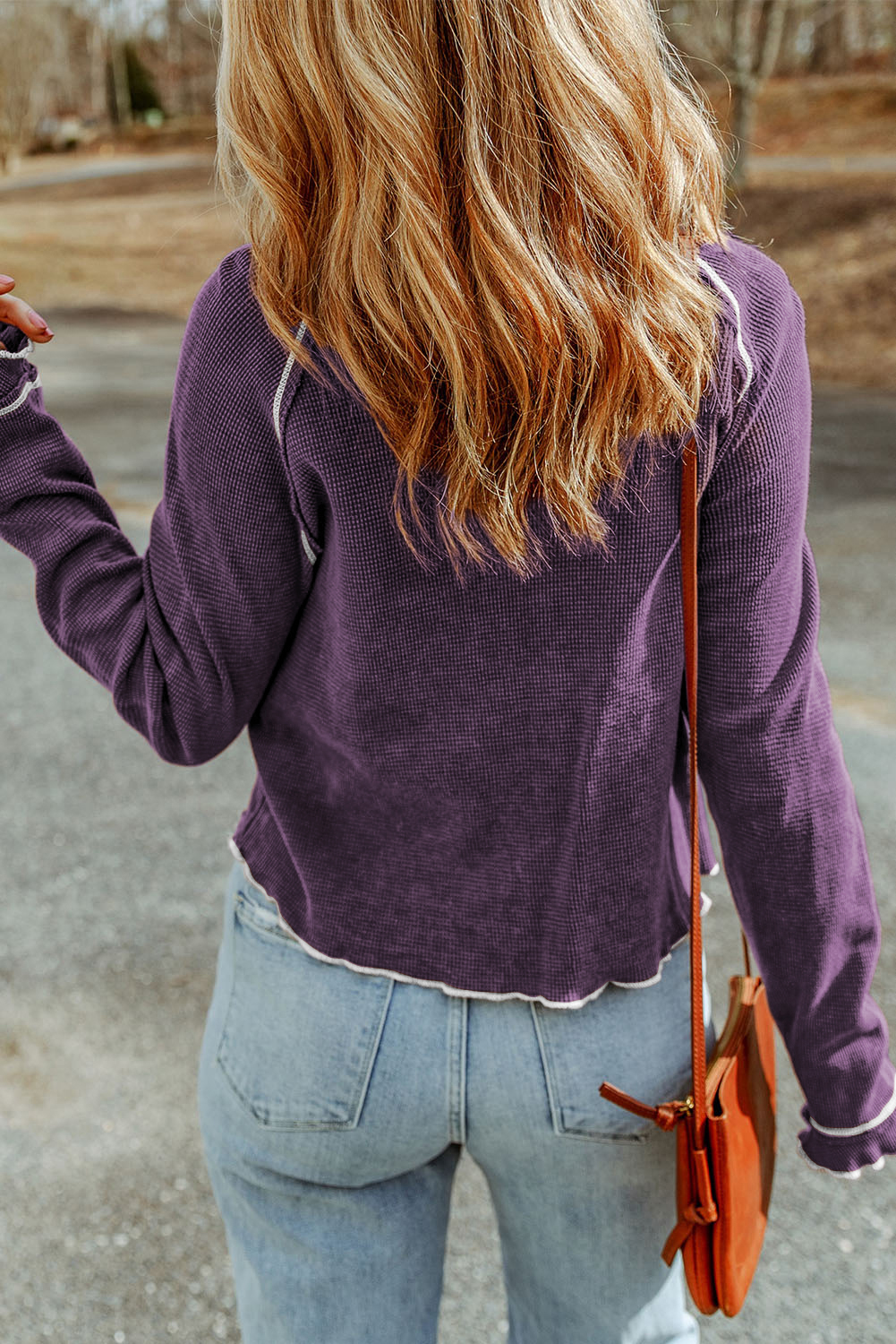 Smoke Gray Textured Round Neck Long Sleeve Top - loveforevers