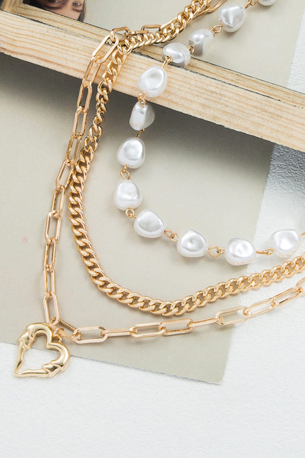 Gold Plated Heart Chain Pearl Beading 3pcs Necklace Set - loveforevers