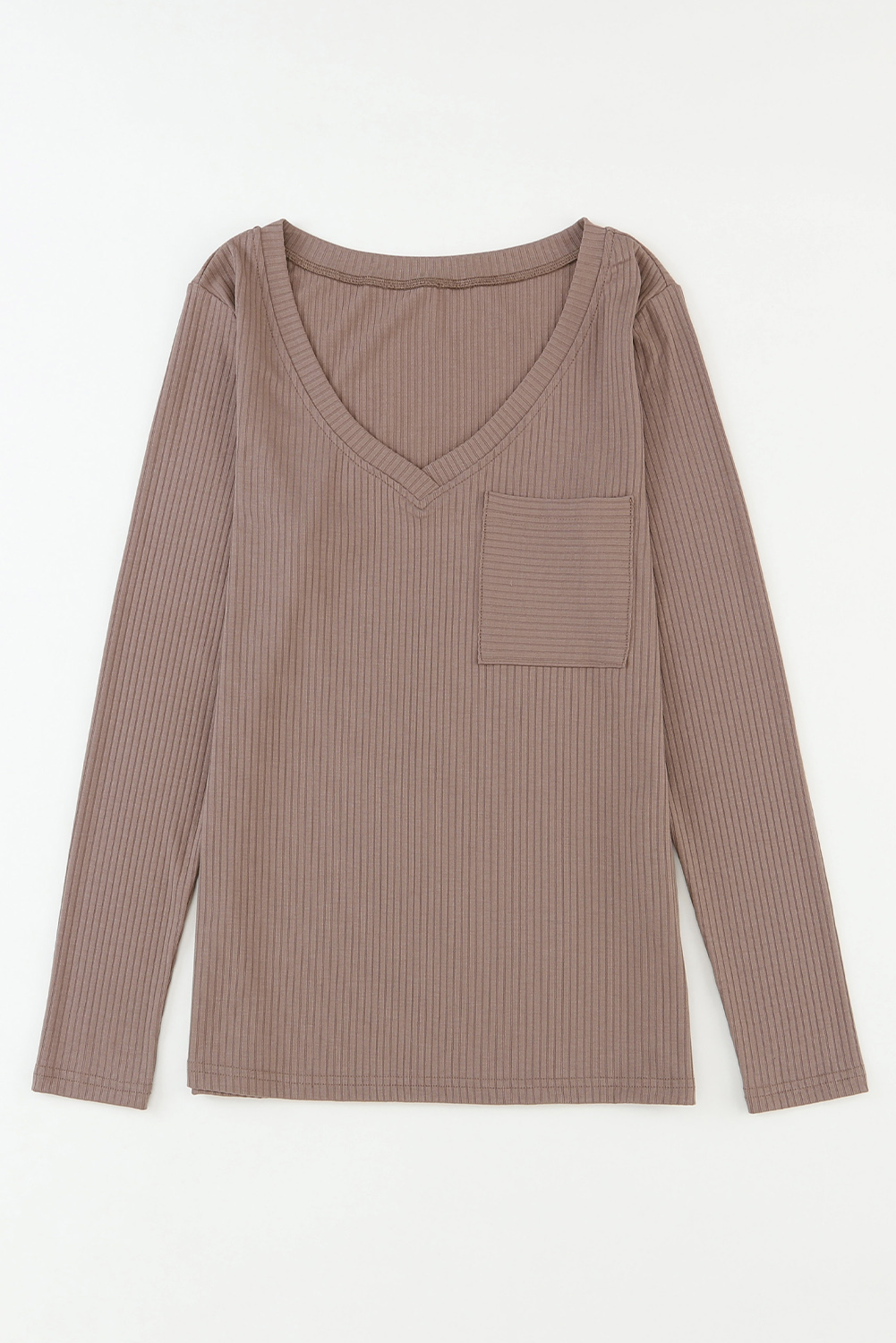 Khaki Ribbed Knit Patched Chest Pocket V Neck Top - loveforevers