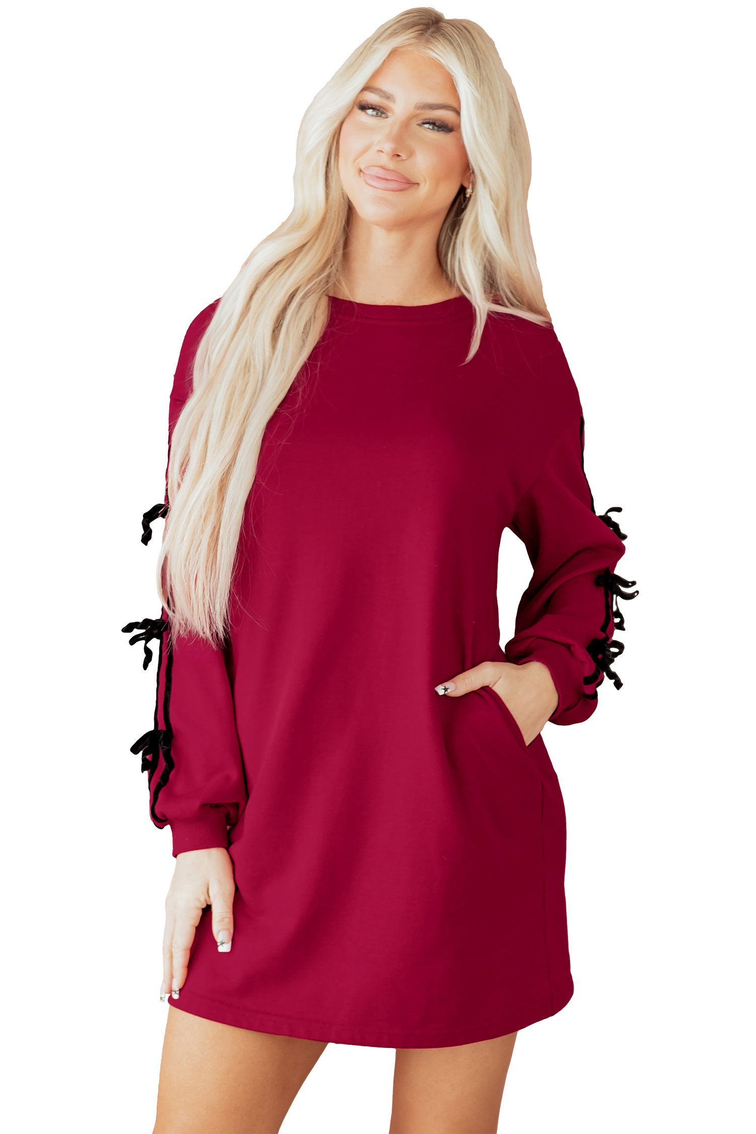 Racing Red Contrast Striped Bow Detail Drop Shoulder Sweatshirt Dress with Pockets - loveforevers