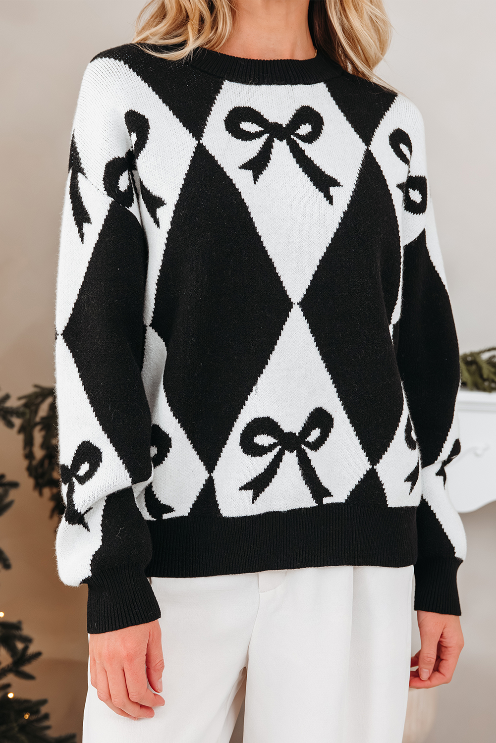 Black Bow Print 2-tone Rhombus Knit Loose Sweater - loveforevers