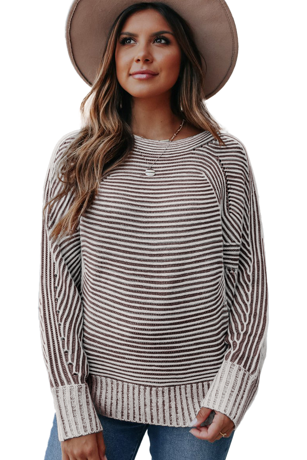 Coffee Striped Print Ribbed Knit Boat Neck Baggy Sweater - loveforevers