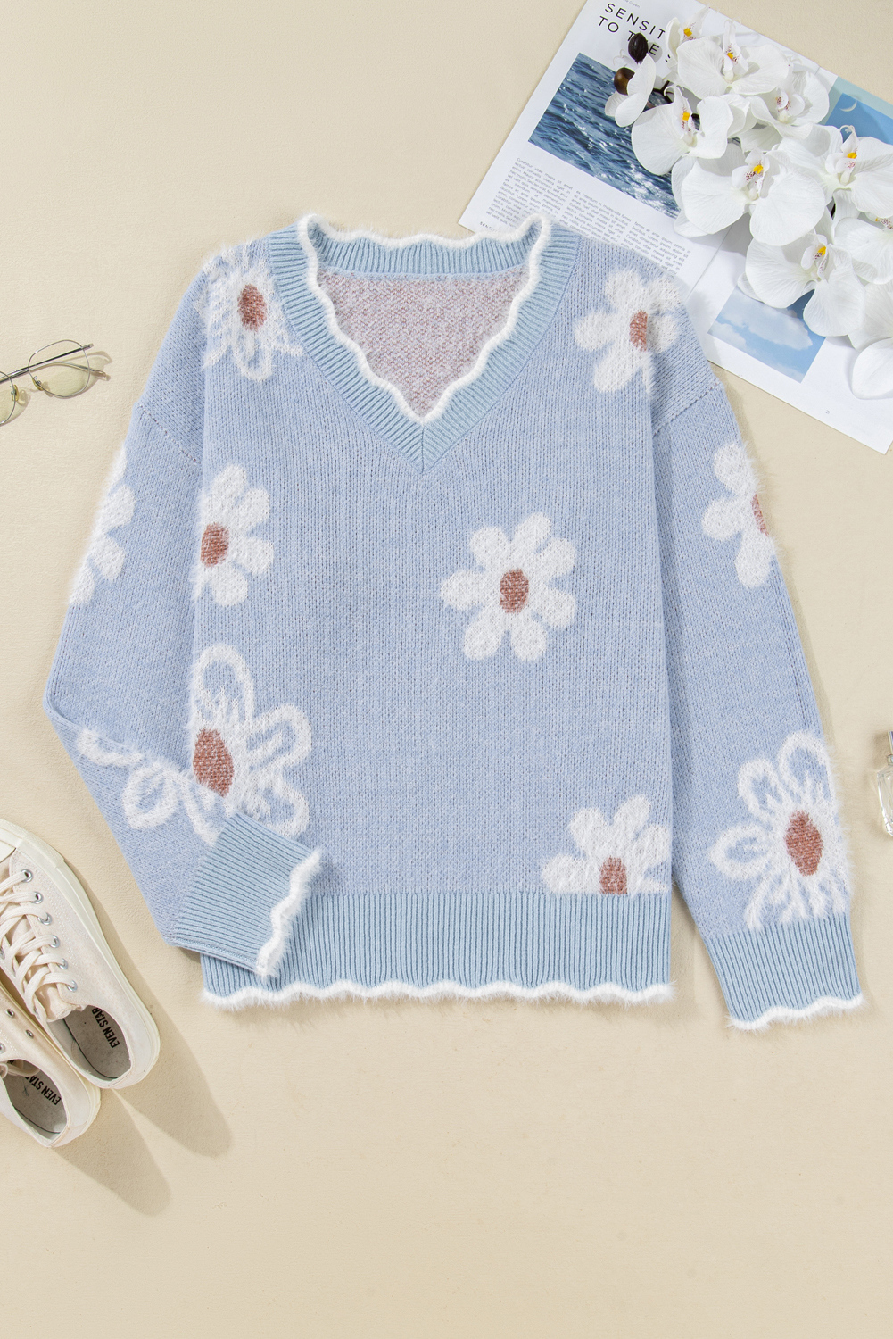 Gray Fuzzy Flower Scalloped V Neck Plus Sweater - loveforevers
