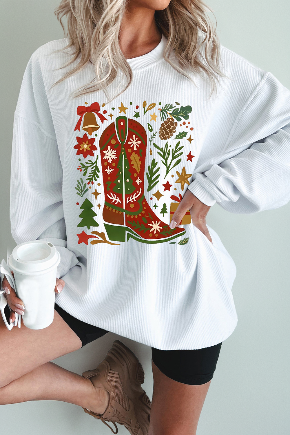 White Christmas Leafy Boot Printed Corded Rib Drop Shoulder Sweatshirt - loveforevers