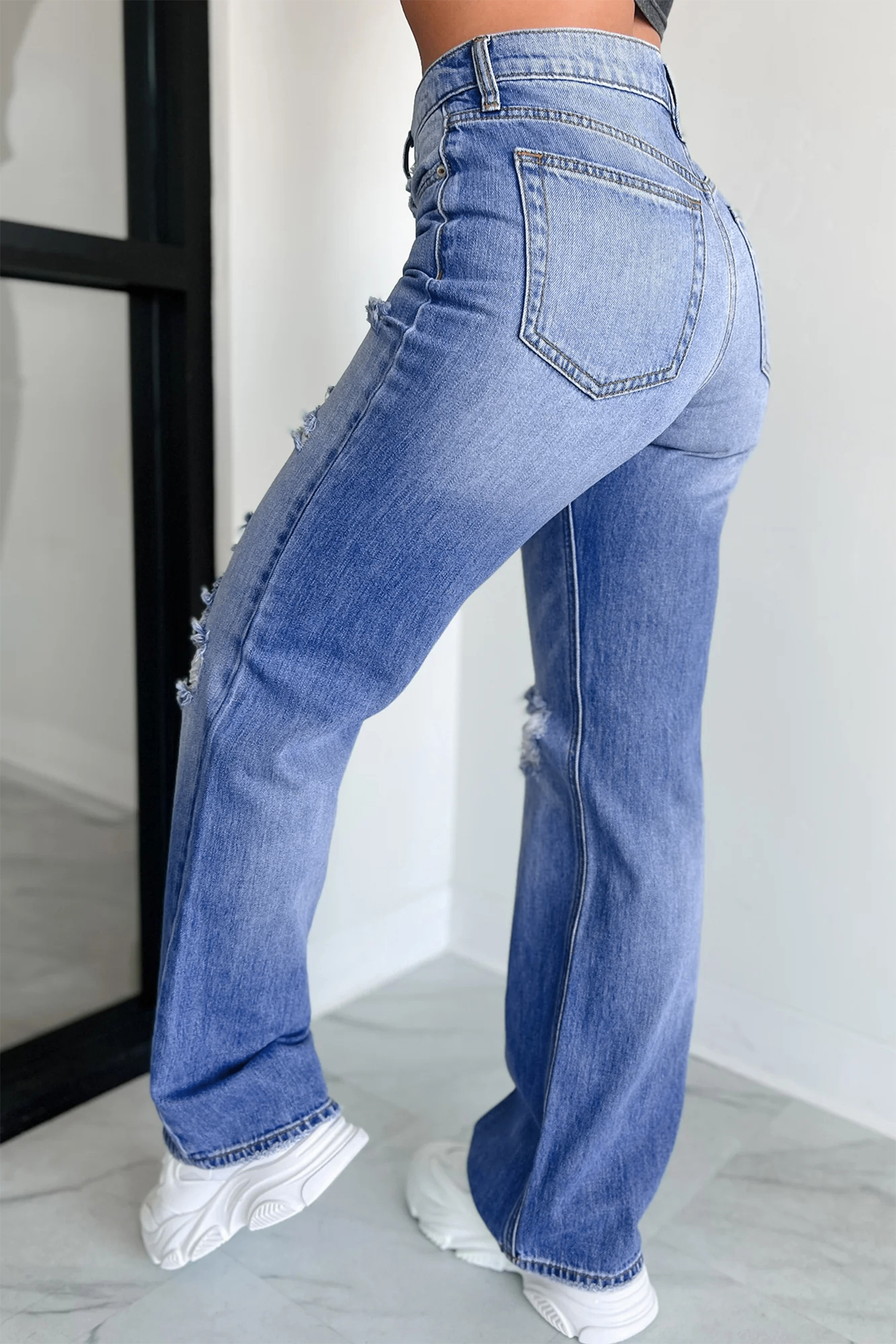 Myosotis Mid Rise Distressed Sneak Peek Straight Leg Jeans - loveforevers