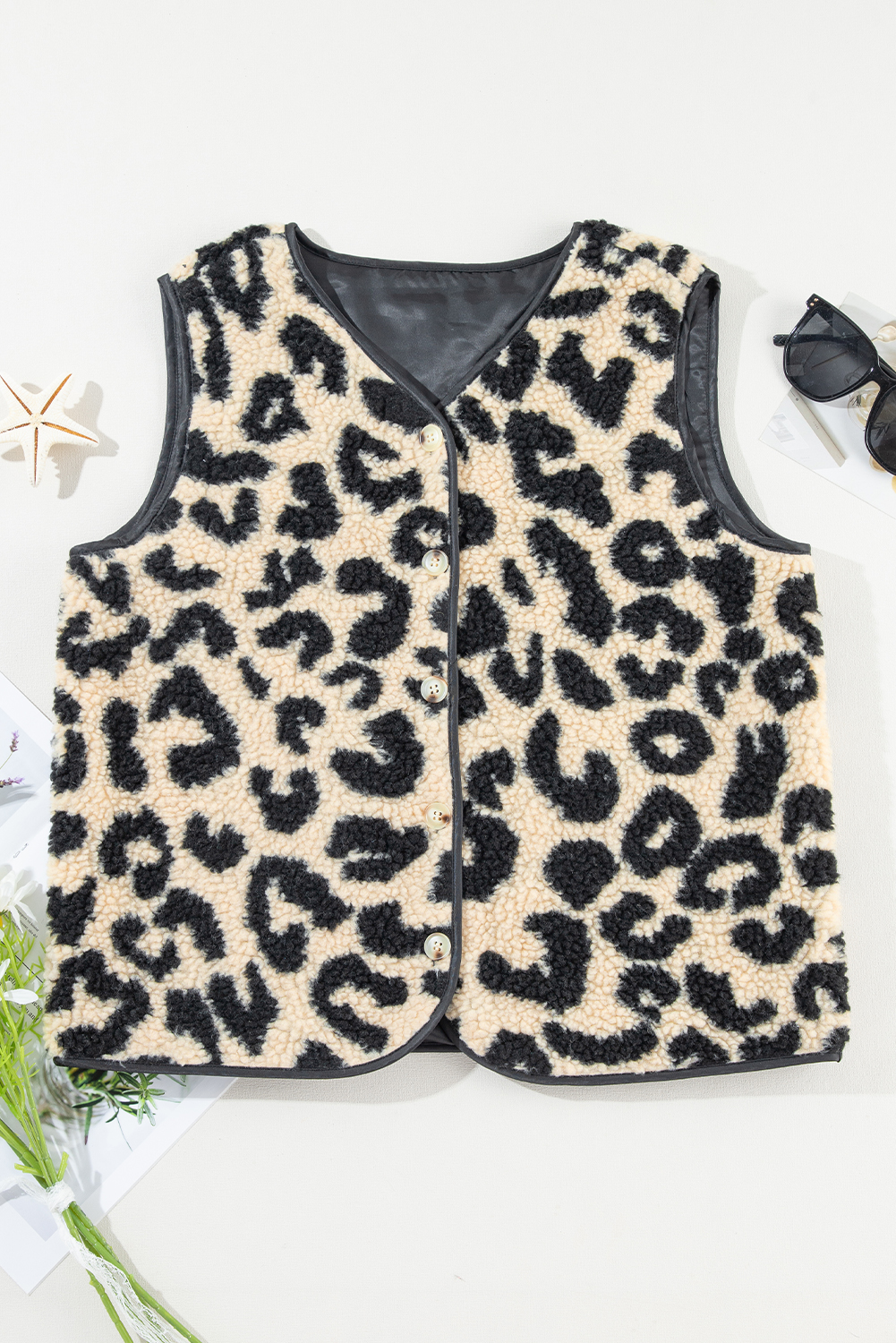 Black Leopard Print Sherpa Vest Coat - loveforevers