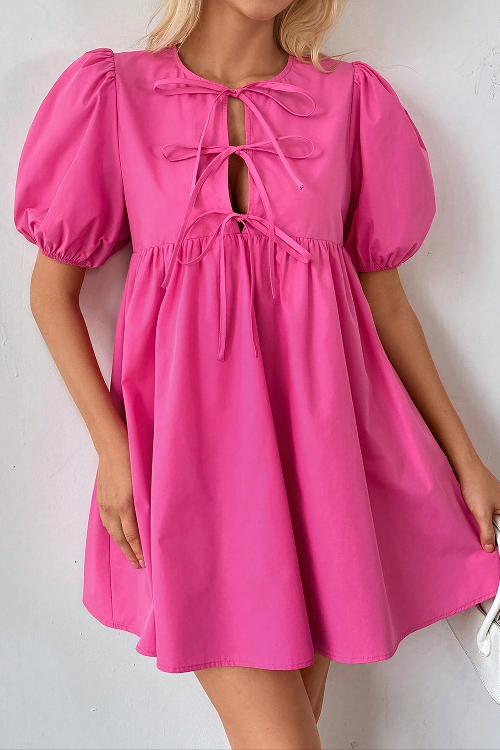 Bright Pink Solid Color Puff Sleeve Tie Front High Waist Mini Dress - loveforevers