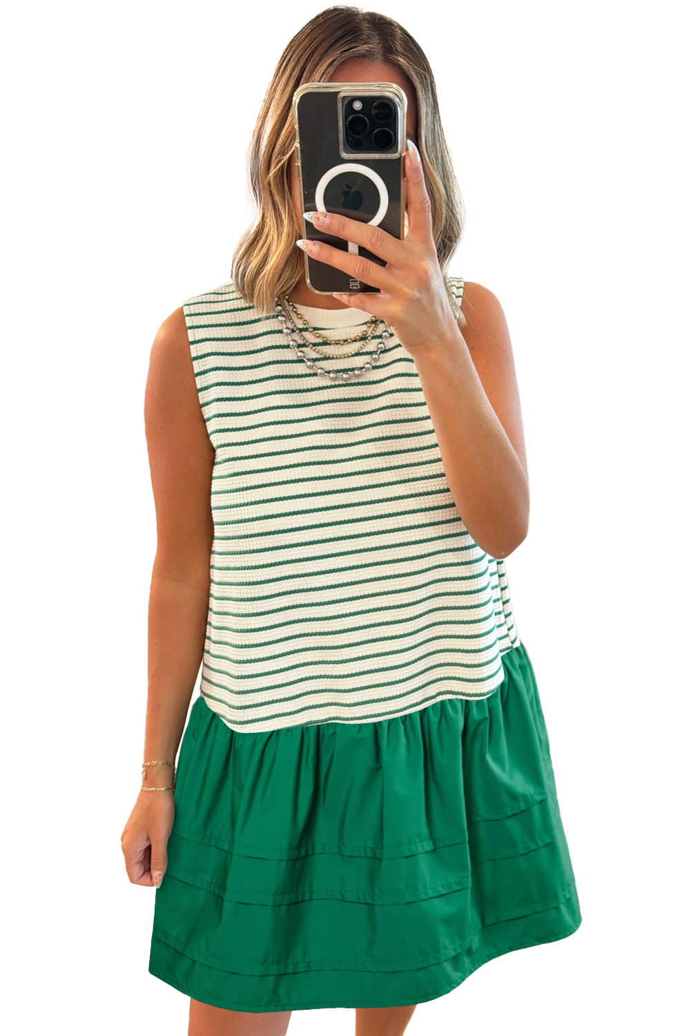 Green Stripe Woven Ruffled Sleeveless Mini Dress - loveforevers