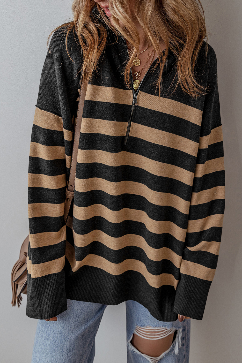 Black Stripe Collared Quarter Zipper Oversized Sweater - loveforevers